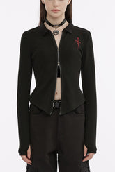 Schwarze Punkjacke mit Kreuz- und Schwertstickerei und schmalem Metallreißverschluss für Damen